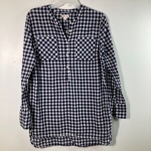 Womens Merona 1/2 Button Pullover‎ Tunic Shirt Gingham Long Sleeve L Cotton
